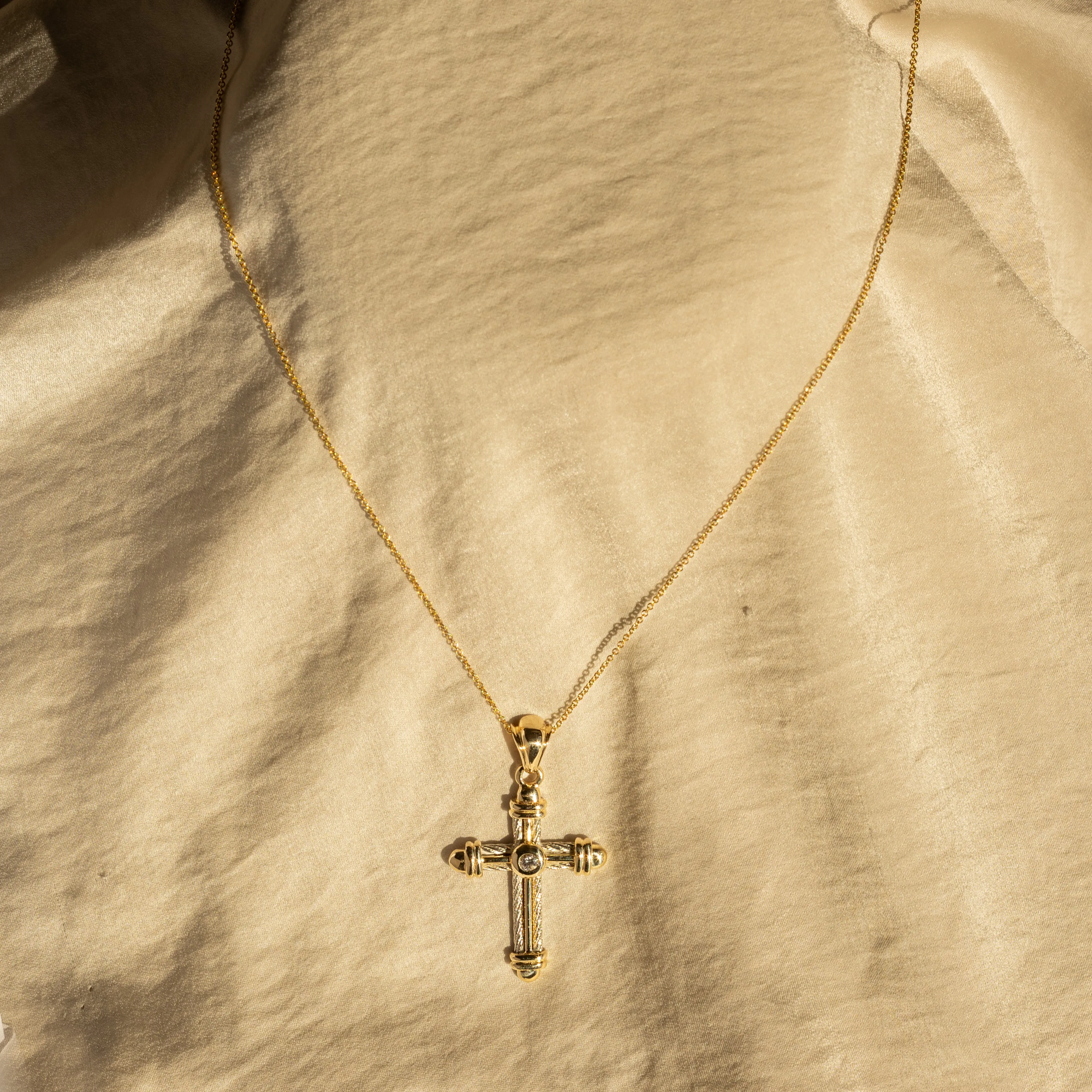 14K Two Tone Gold Diamond Cross Pendant Necklace