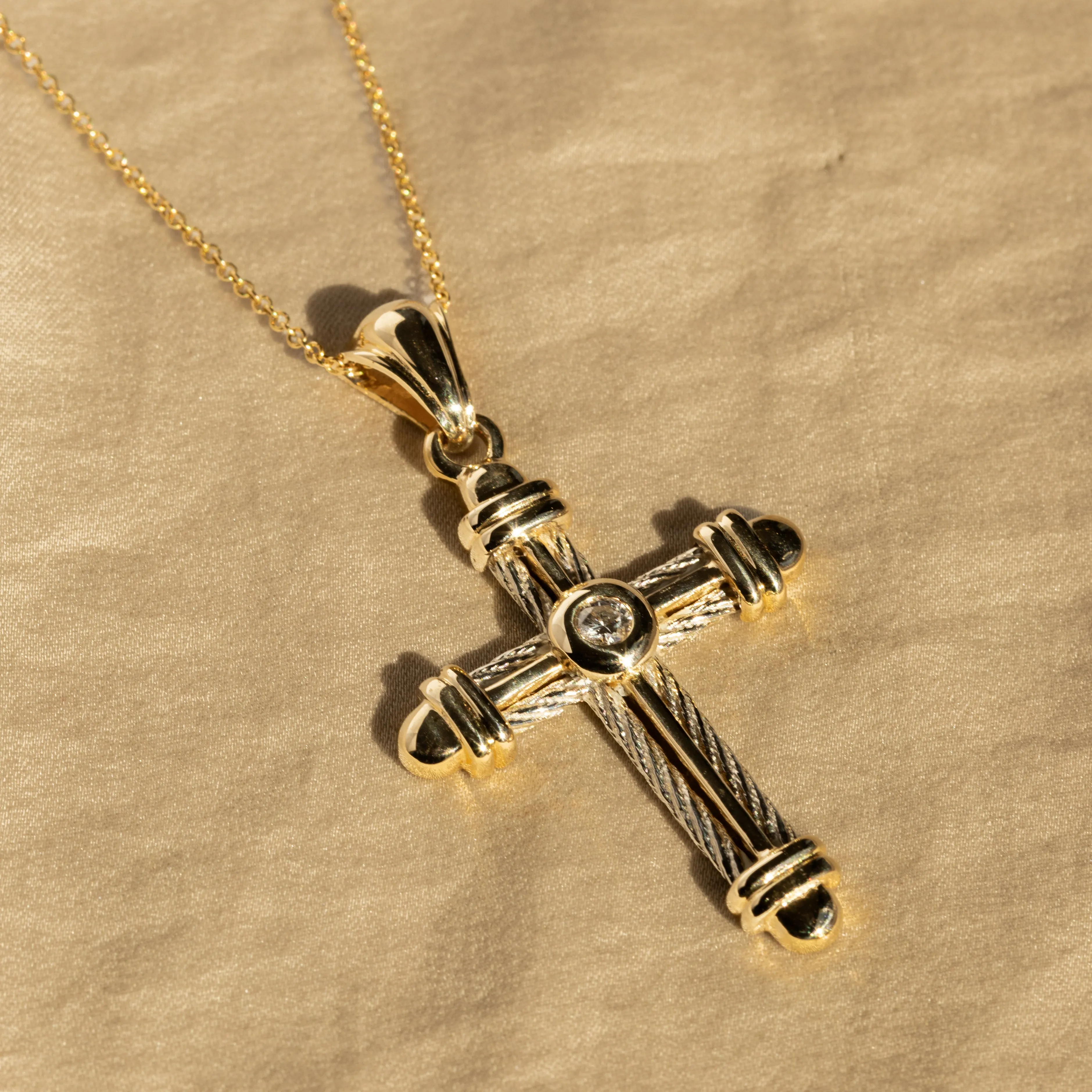 14K Two Tone Gold Diamond Cross Pendant Necklace