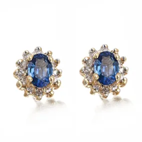 14K Yellow Gold 1.70 Carat Total Weight Oval Natural Sapphire & Diamond Halo Stud Earrings