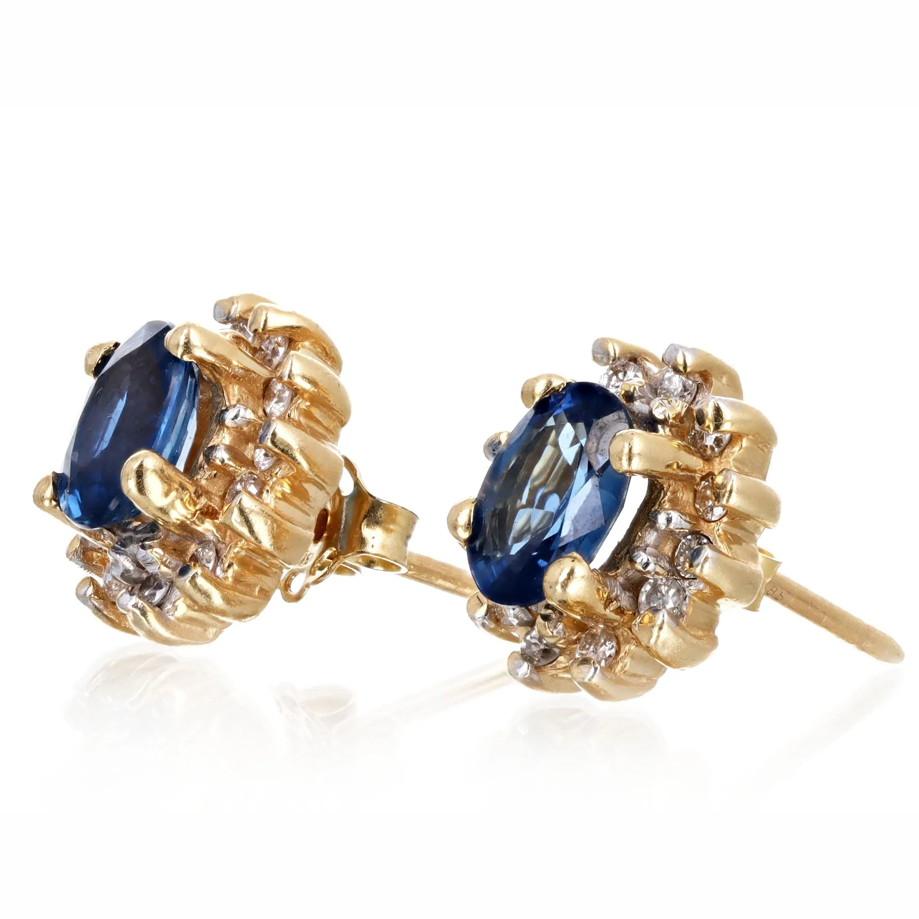 14K Yellow Gold 1.70 Carat Total Weight Oval Natural Sapphire & Diamond Halo Stud Earrings