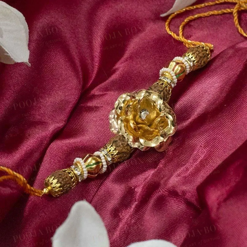 24K Gold Foil Rose & Rudraksha Rakhi