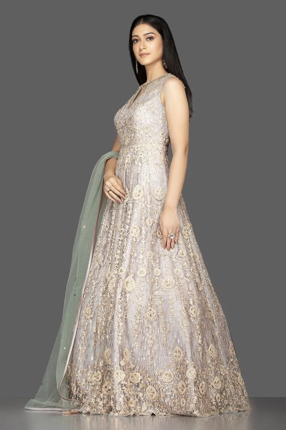 502510 Light Grey Stone and Resham Embroidery Anarkali with Dupatta