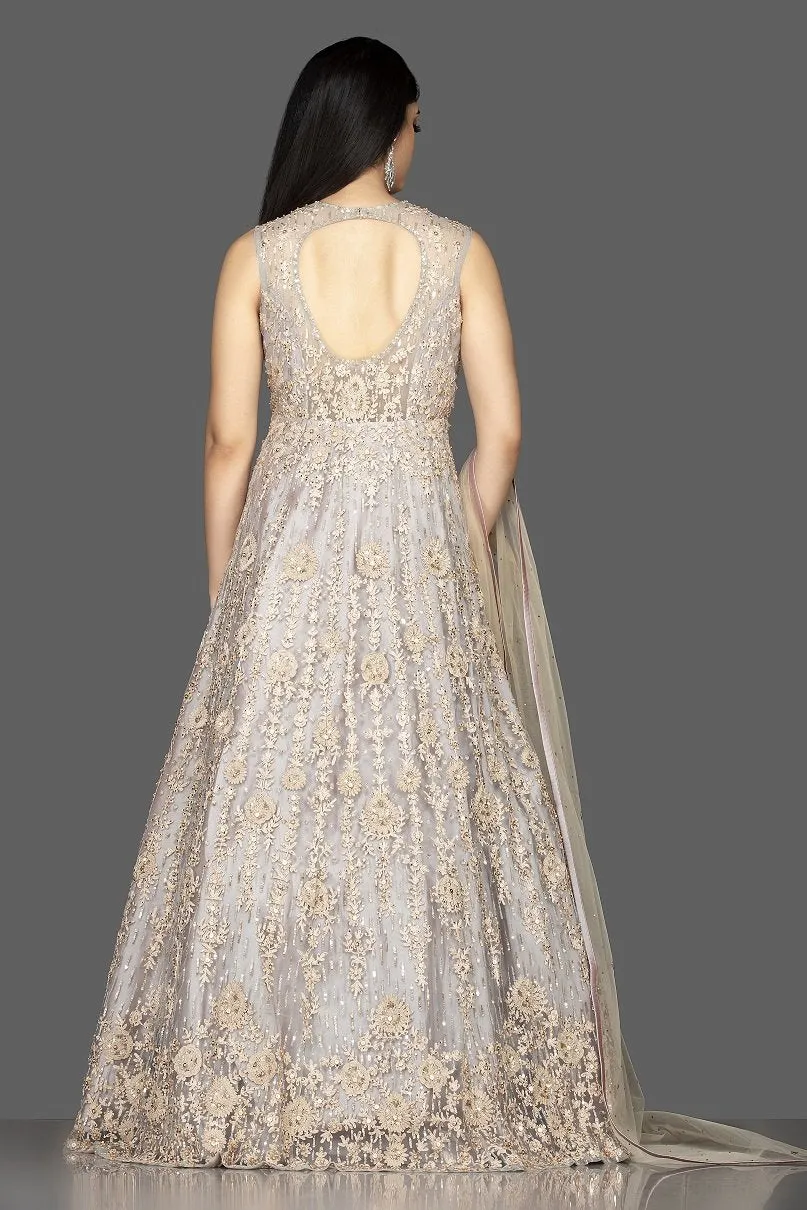 502510 Light Grey Stone and Resham Embroidery Anarkali with Dupatta