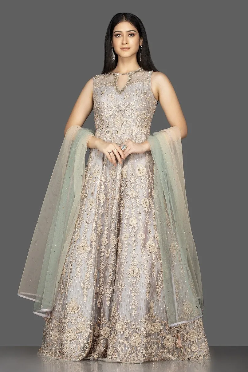 502510 Light Grey Stone and Resham Embroidery Anarkali with Dupatta