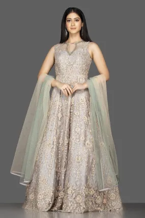 502510 Light Grey Stone and Resham Embroidery Anarkali with Dupatta