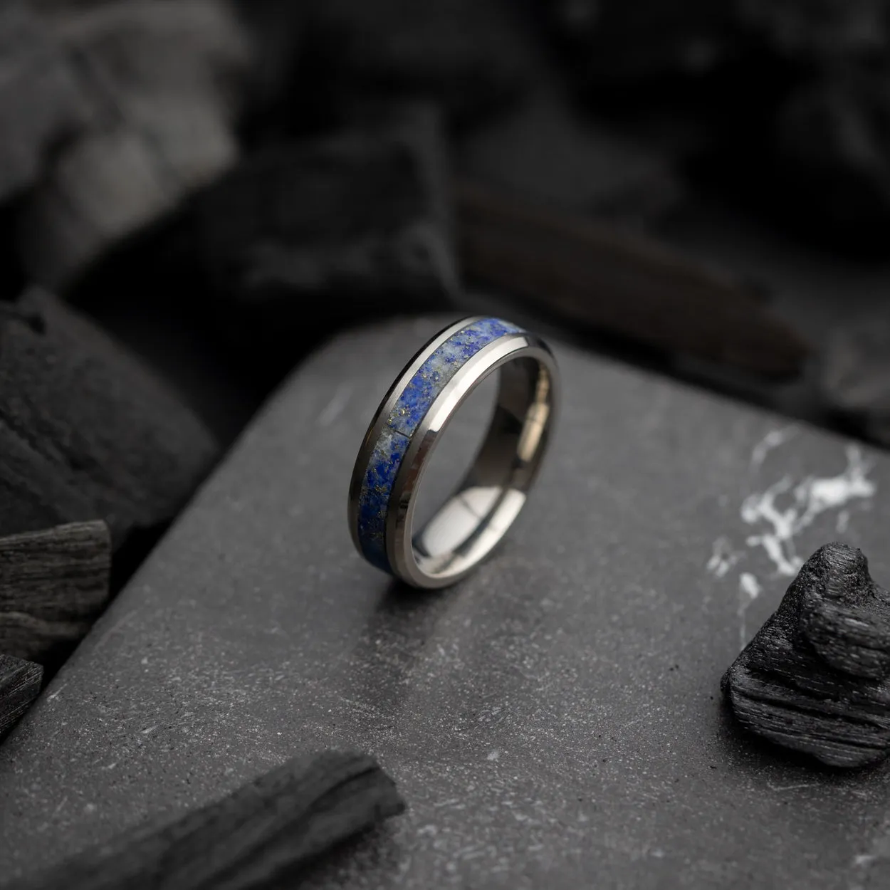 6mm Silver Titanium ring with Lapis Lazuli stone