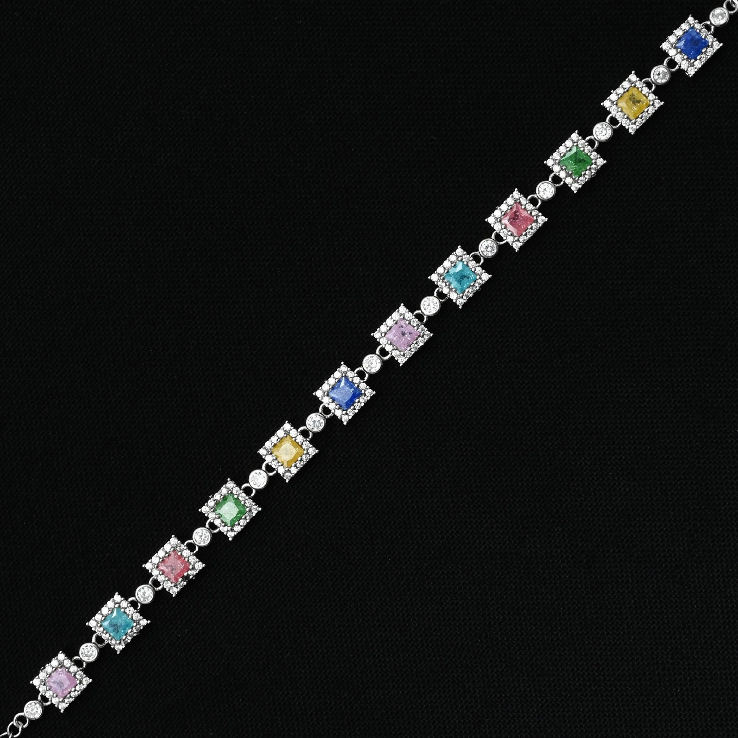 925 Silver Expensive Colorful Square Gems Bracelet for Women