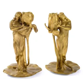 Alexandre Clerget "Iris & Lotus" Gilt Bronze Candlesticks