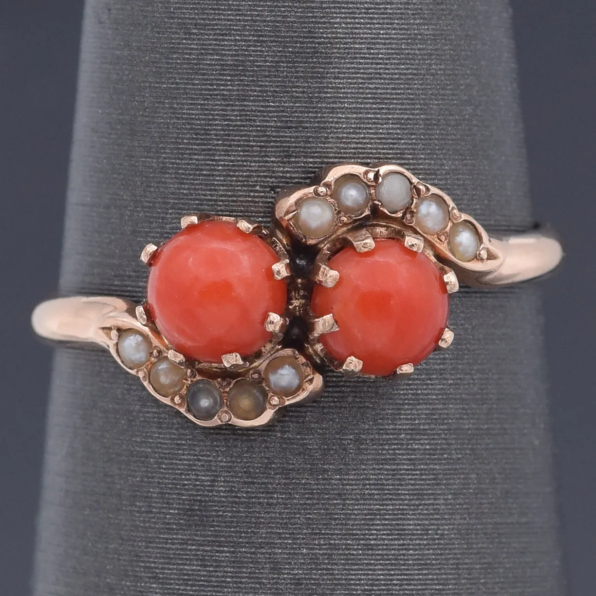 Antique 10K Yellow Gold Red Coral & Seed Pearl Bypass Band Ring Size 6