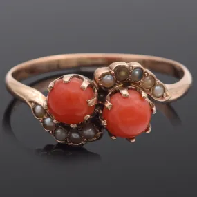 Antique 10K Yellow Gold Red Coral & Seed Pearl Bypass Band Ring Size 6