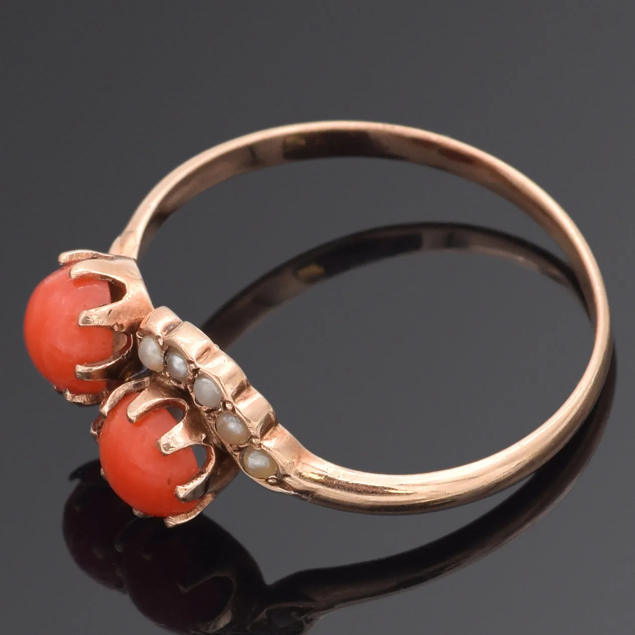 Antique 10K Yellow Gold Red Coral & Seed Pearl Bypass Band Ring Size 6