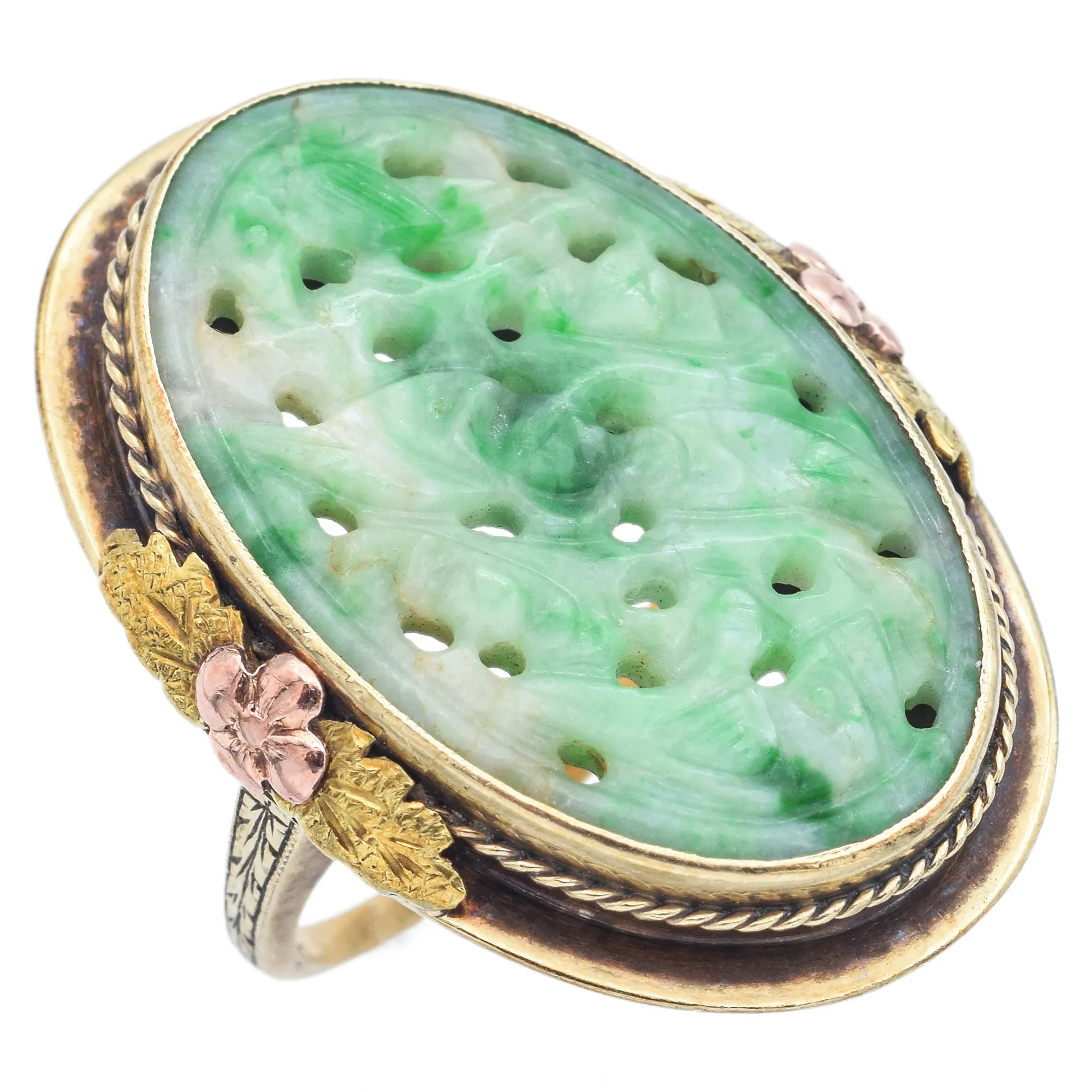 Antique 14K Yellow Gold Green Jade Carved Bird Leaves Cocktail Ring Size 4.75