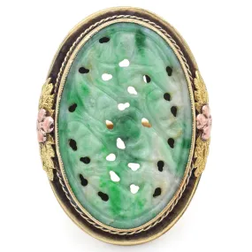 Antique 14K Yellow Gold Green Jade Carved Bird Leaves Cocktail Ring Size 4.75