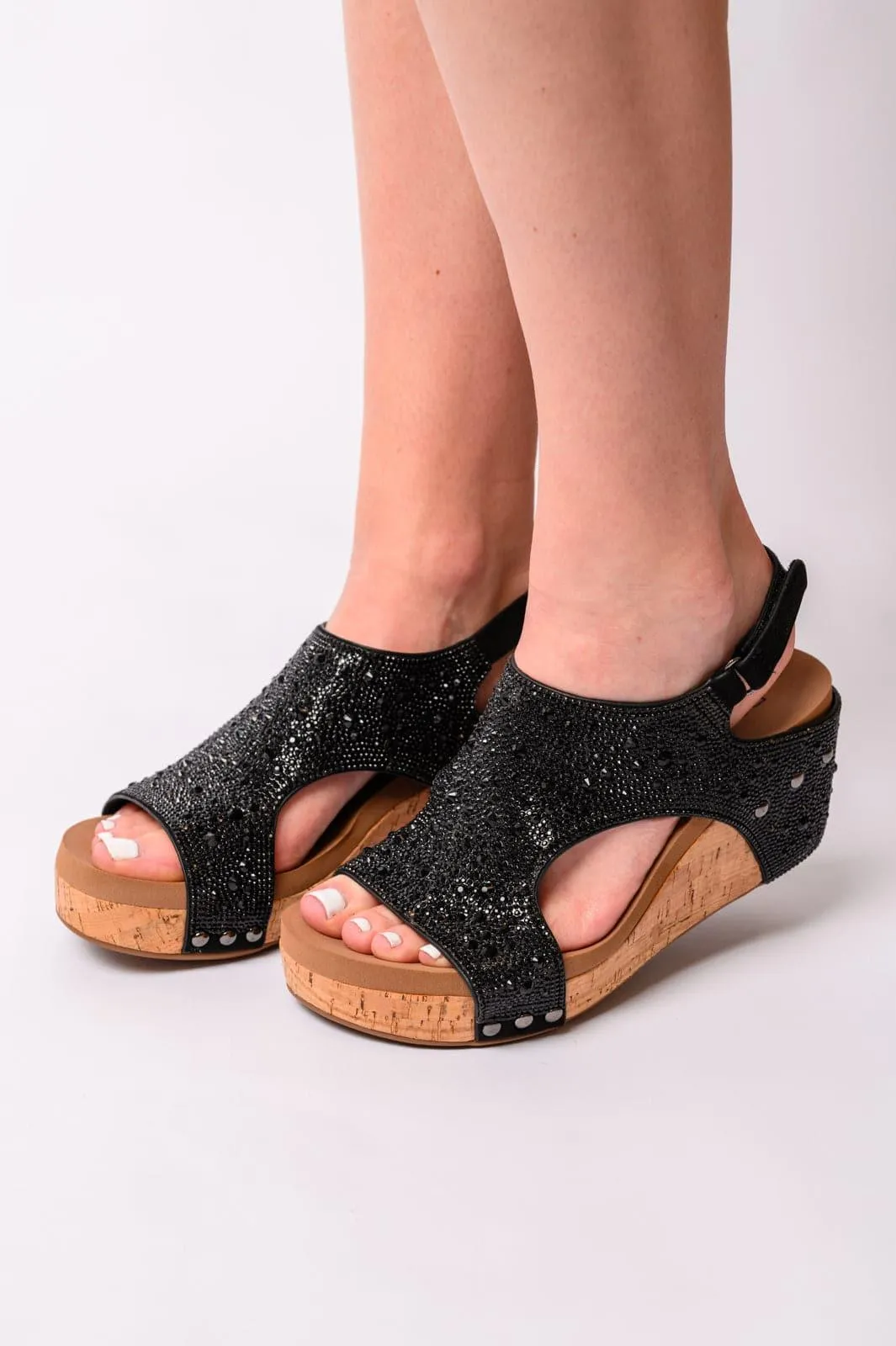 Ashley Wedge Sandals in Black Rhinestone