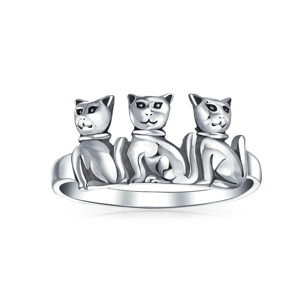 BFF Three Best Friends Family Kitten Cat Ring Band .925 Sterling Silver