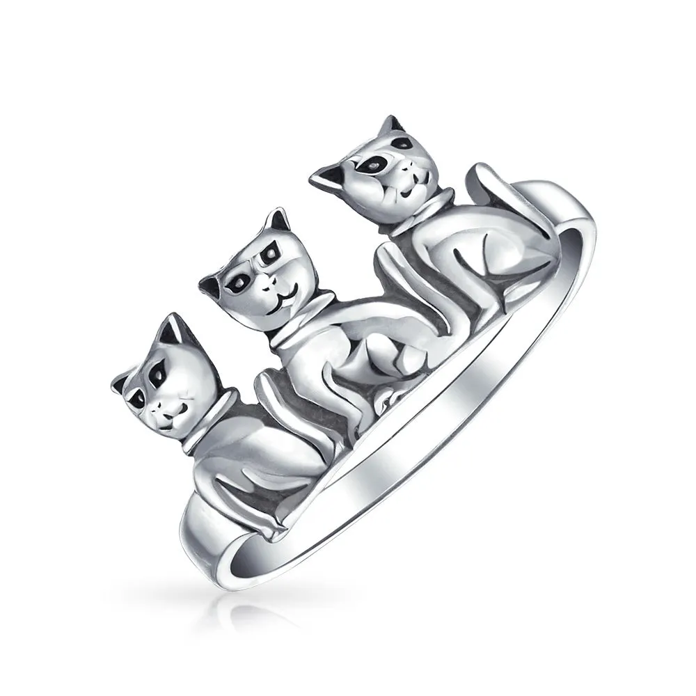 BFF Three Best Friends Family Kitten Cat Ring Band .925 Sterling Silver