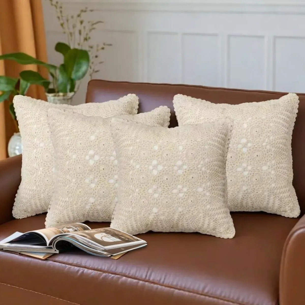 Crochet Cotton Cushion Cover in White (Set of 1/2/4) | 16 x 16 inches | Handmade