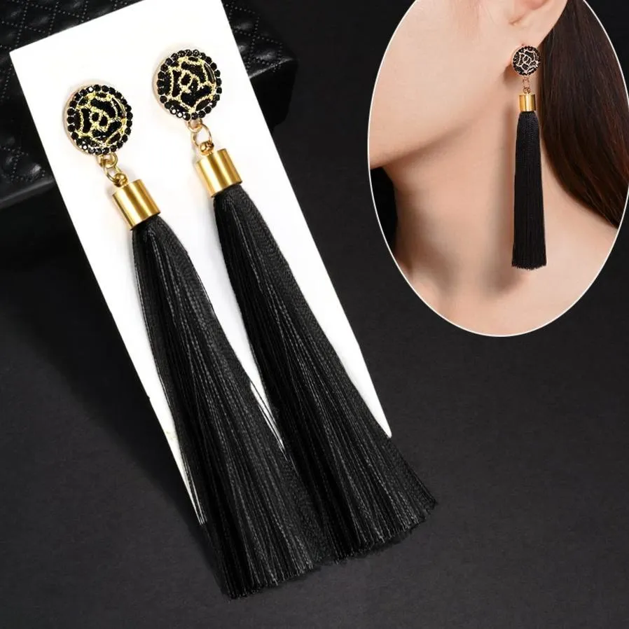 Fashion Bohemian Tassel Crystal Long Earrings Black Red Silk Fabric Drop Dangle Tassel Earrings For Women