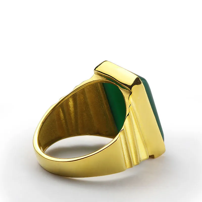 Men's Ring in 10k Yellow Gold with Natural Green Agate, Men's Statement Ring