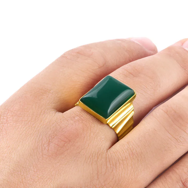 Men's Ring in 10k Yellow Gold with Natural Green Agate, Men's Statement Ring