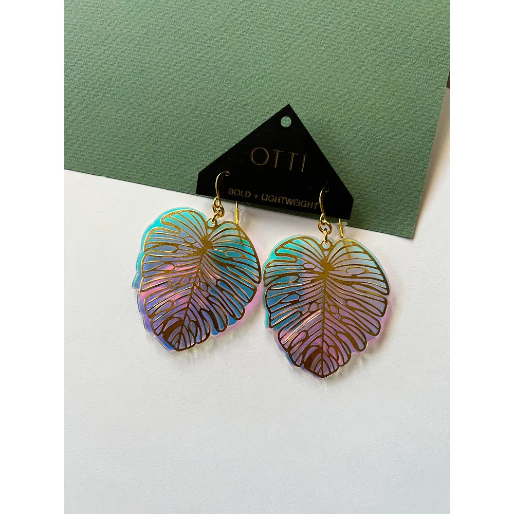 Monstera Magic | Iridescent Acrylic   Brass Lightweight Earrings - Leather-Free