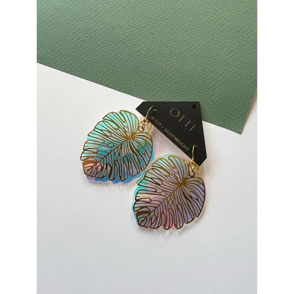 Monstera Magic | Iridescent Acrylic   Brass Lightweight Earrings - Leather-Free