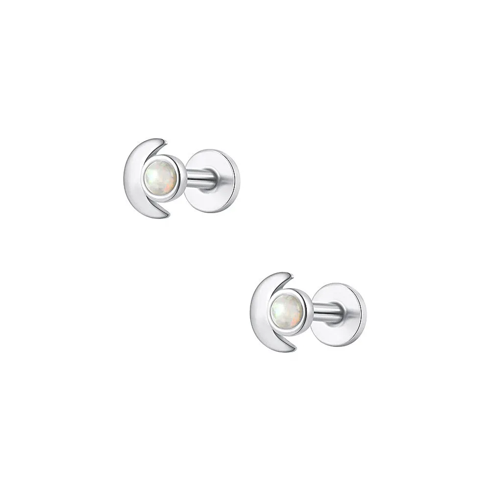 Moon and Opal Flat Back Earrings Sterling Silver