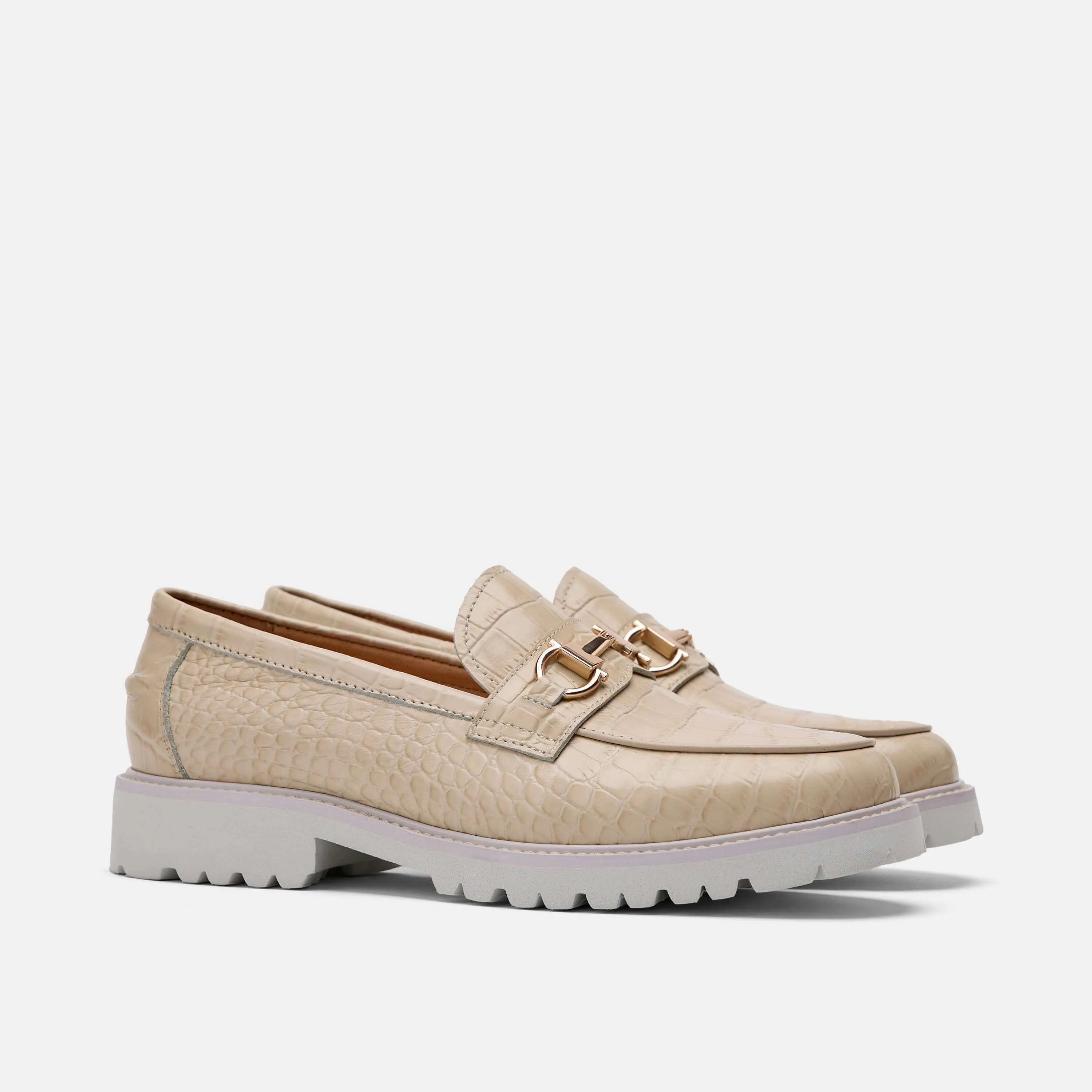 Ms. Boulevard Beige Croc Leather Bit Loafers