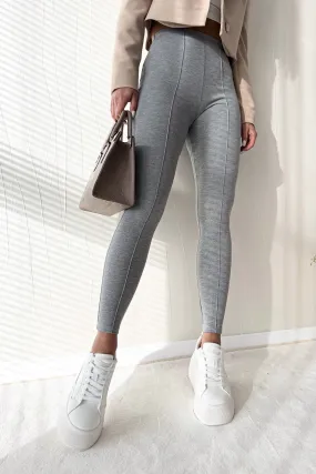 Pantalone leggings grigio aderente in cotone spesso elasticizzato a vita alta con cuciture longitudinali