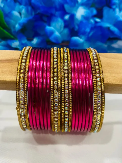 Pretty Pink Color Gold Tone Stone Studded Ethnic Style Thin Metal Bangle Sets