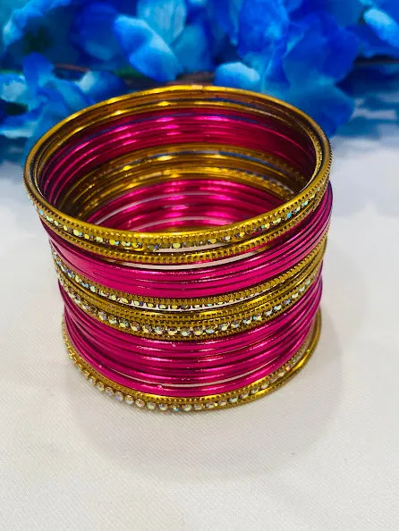 Pretty Pink Color Gold Tone Stone Studded Ethnic Style Thin Metal Bangle Sets