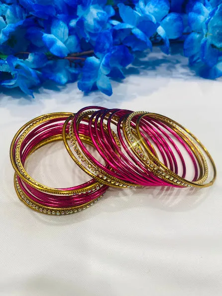 Pretty Pink Color Gold Tone Stone Studded Ethnic Style Thin Metal Bangle Sets