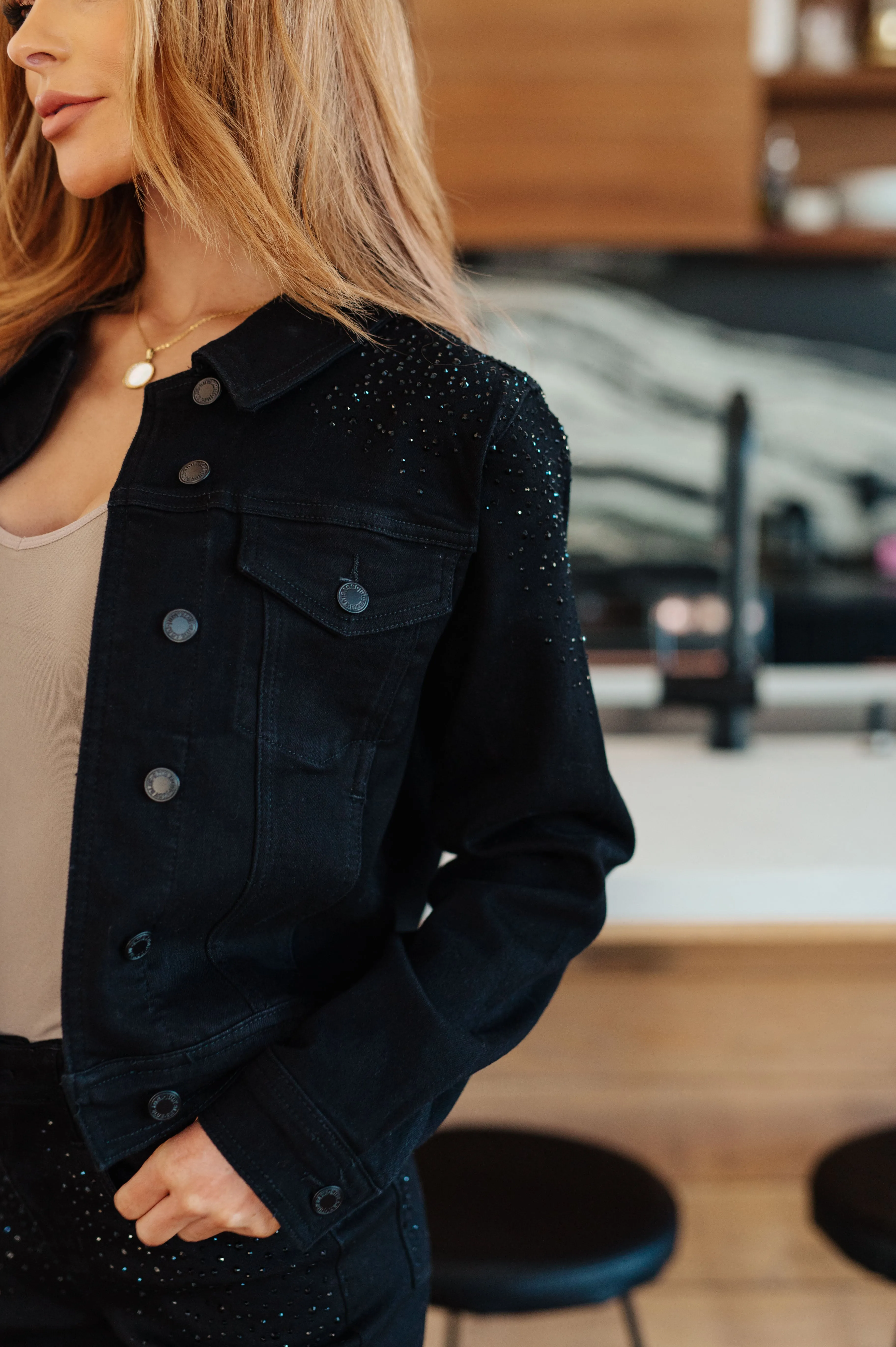 Reese Rhinestone Denim Jacket in Black by Judy Blue