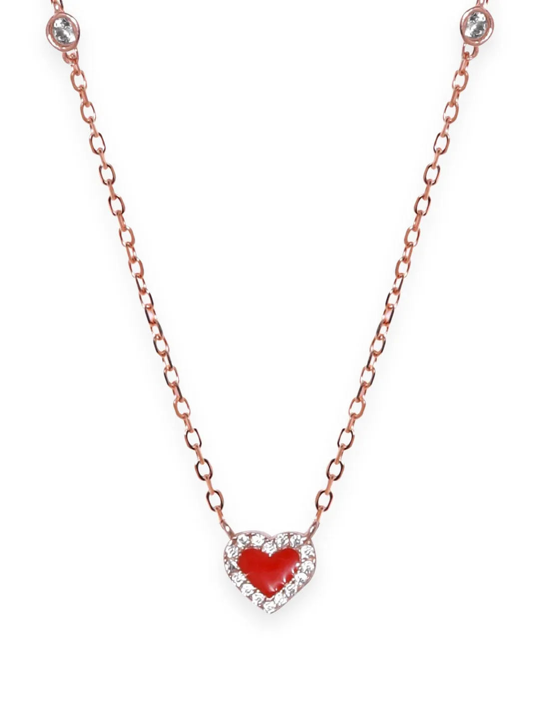 Rubans 925 Silver 18K Rose Gold Plated Red Heart Studded Charm Necklace