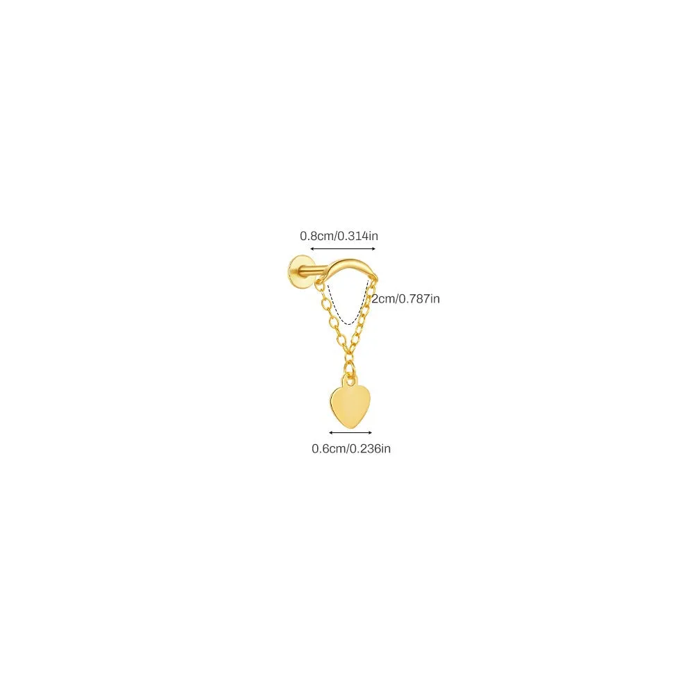 Sterling Silver Gold Plated Heart Shape Chain Flat Back Earrings