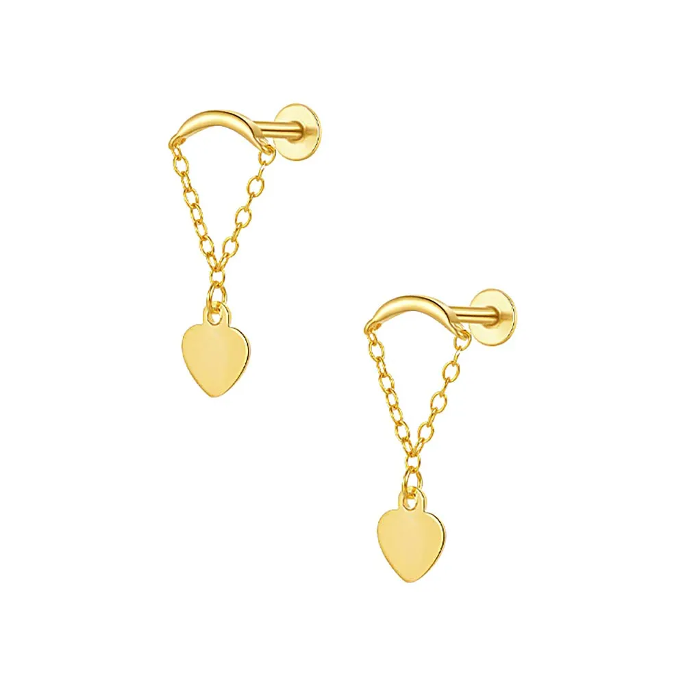 Sterling Silver Gold Plated Heart Shape Chain Flat Back Earrings