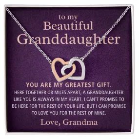 To My Beautiful Granddaughter Gift From Grandma, Here Together or Miles Apart, Interlock Heart Pendant Necklace