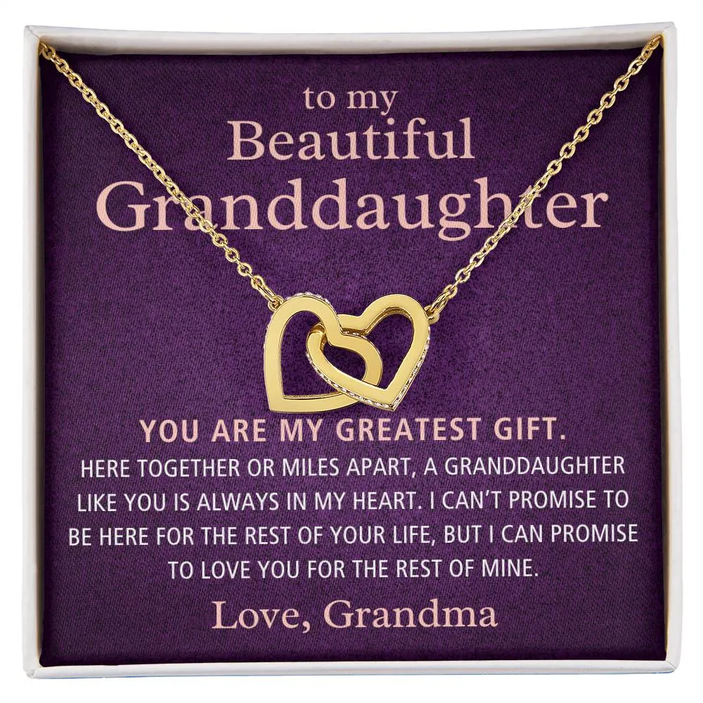 To My Beautiful Granddaughter Gift From Grandma, Here Together or Miles Apart, Interlock Heart Pendant Necklace